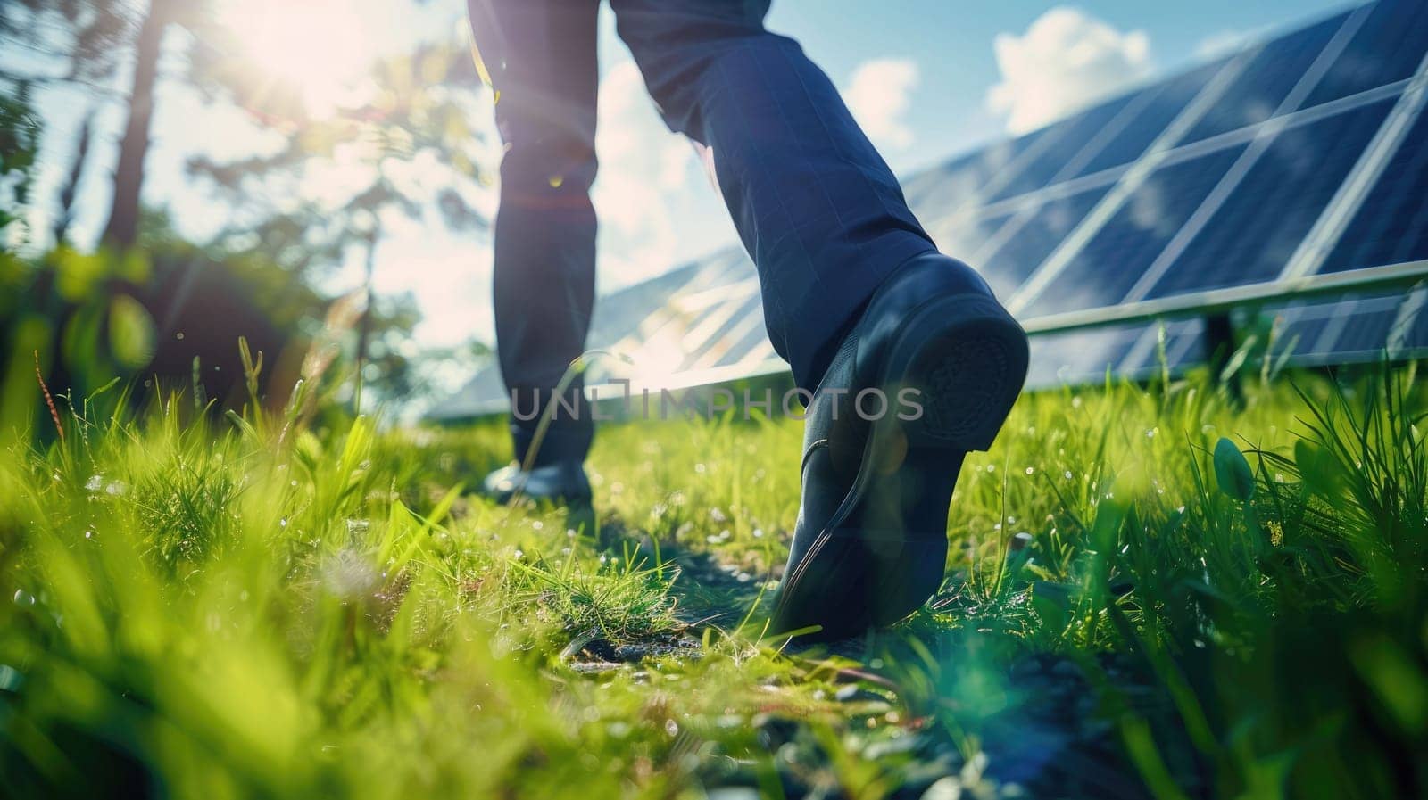 The picture of the person is working as business person and walking to work near the solar panel, the businessman is require skill like management, negotiation, marketing and the communication. AIG43.