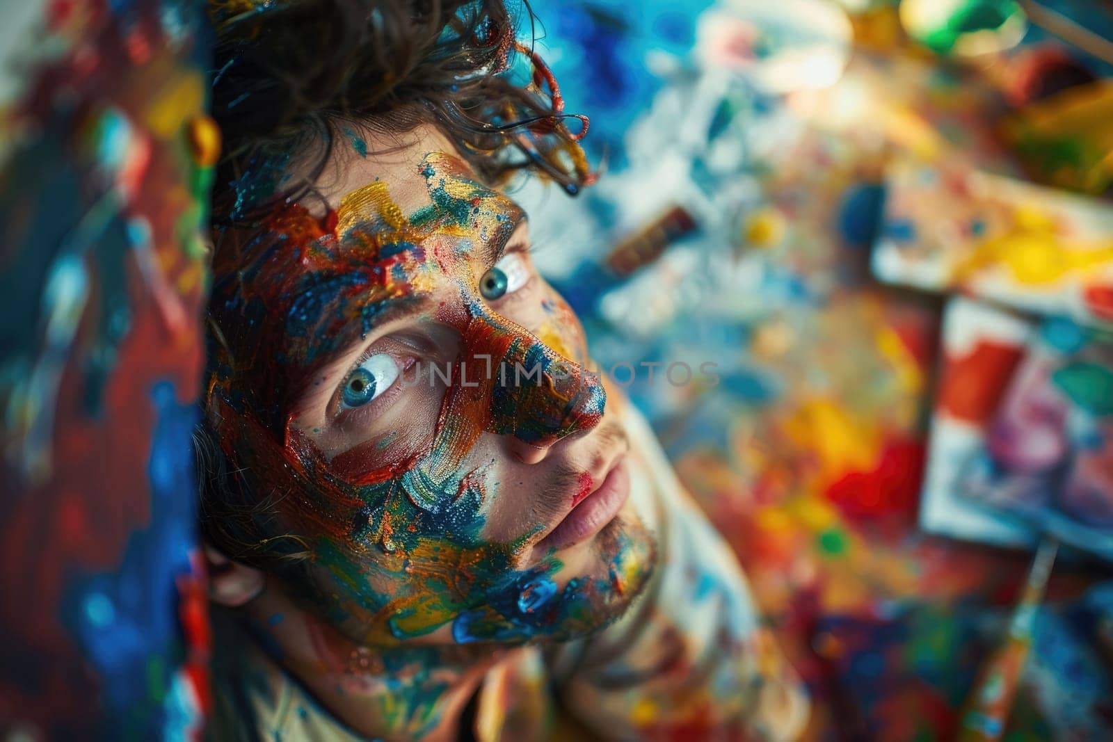 The picture of the person is painting art with colours and working inside their own workshop filled with colourful colour, the painter require skill like creativity, imagination and experience. AIG43.
