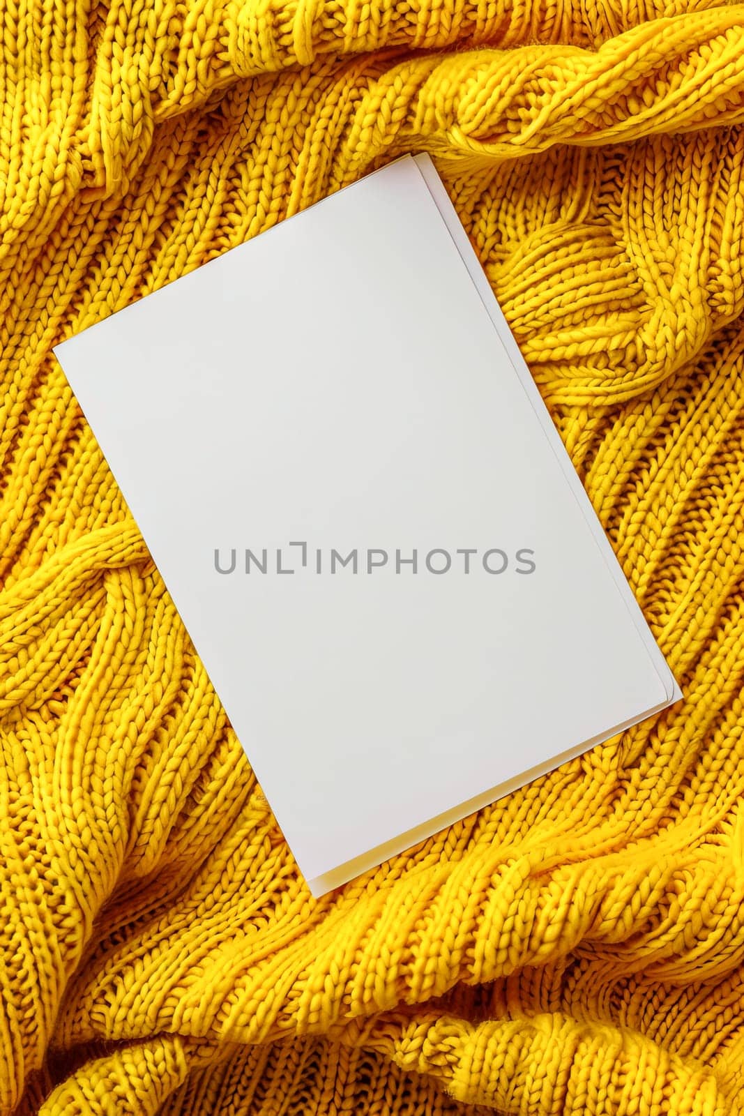 Minimalist aesthetic mockup made from white A5 cardstock on yellow wool jersey. AI generated.
