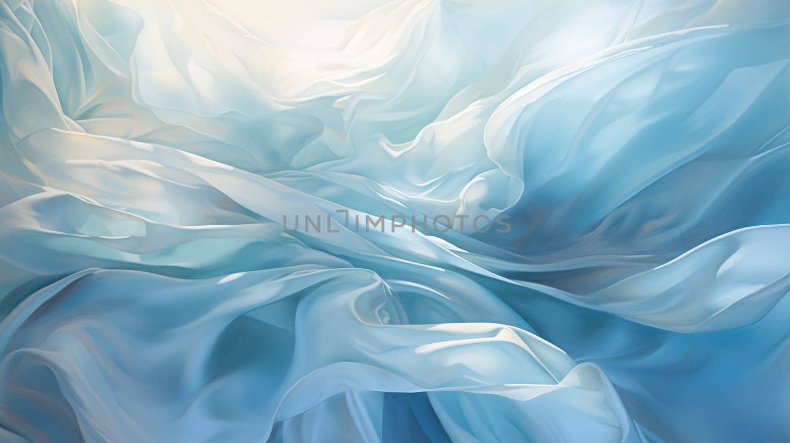 The abstract picture of the wavy blue fabric satin flexible clean cloth of the curtain that waving around under the light in the blank background of the bright room in the daytime of the day. AIGX01.