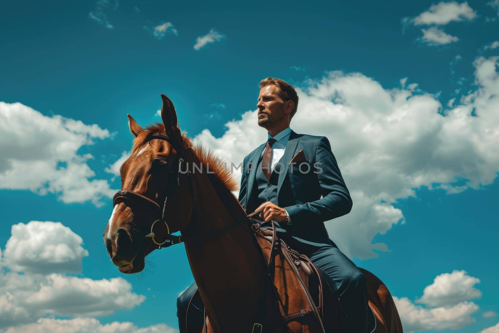 Businessman in suit on horseback, Well dressed man on horseback.