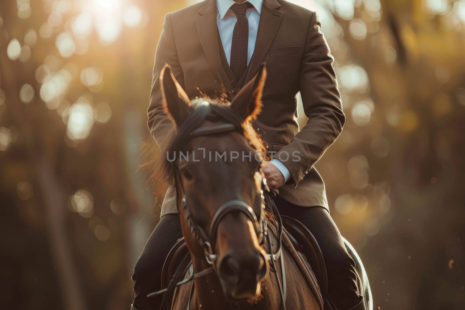 Businessman in suit on horseback, Well dressed man on horseback.