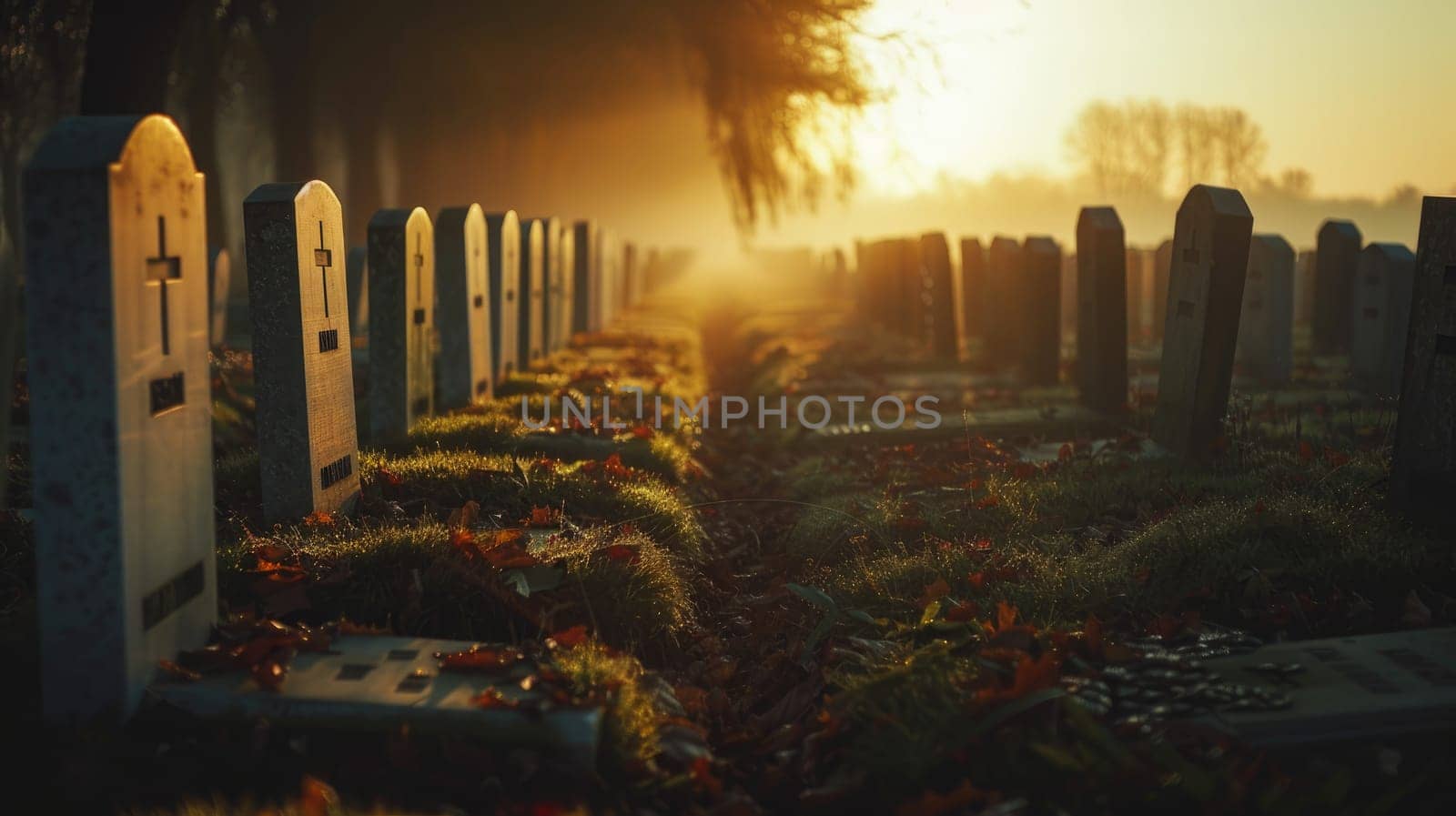 A military cemetery with rows of solemn gravestones, Concept of the legacy of those lost in war.
