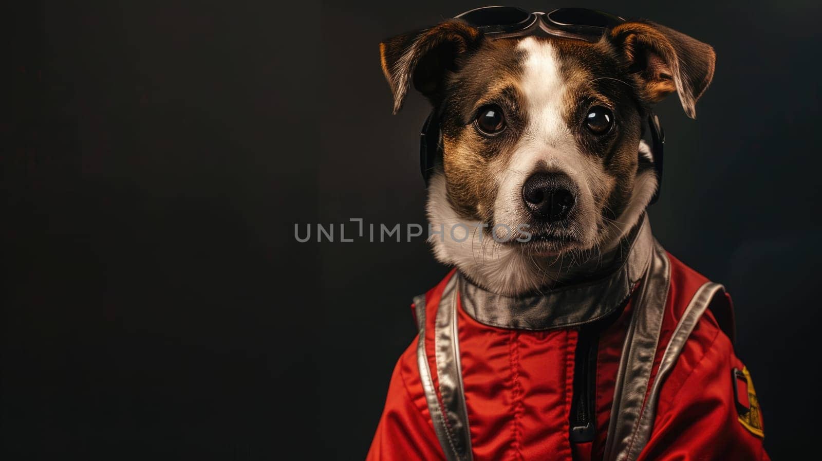 A dog in motor racer suit, Biker dog, Driver dog.