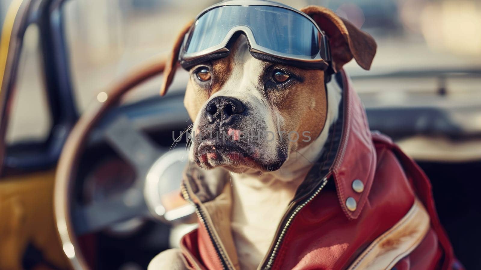 A dog in motor racer suit, Biker dog, Driver dog.