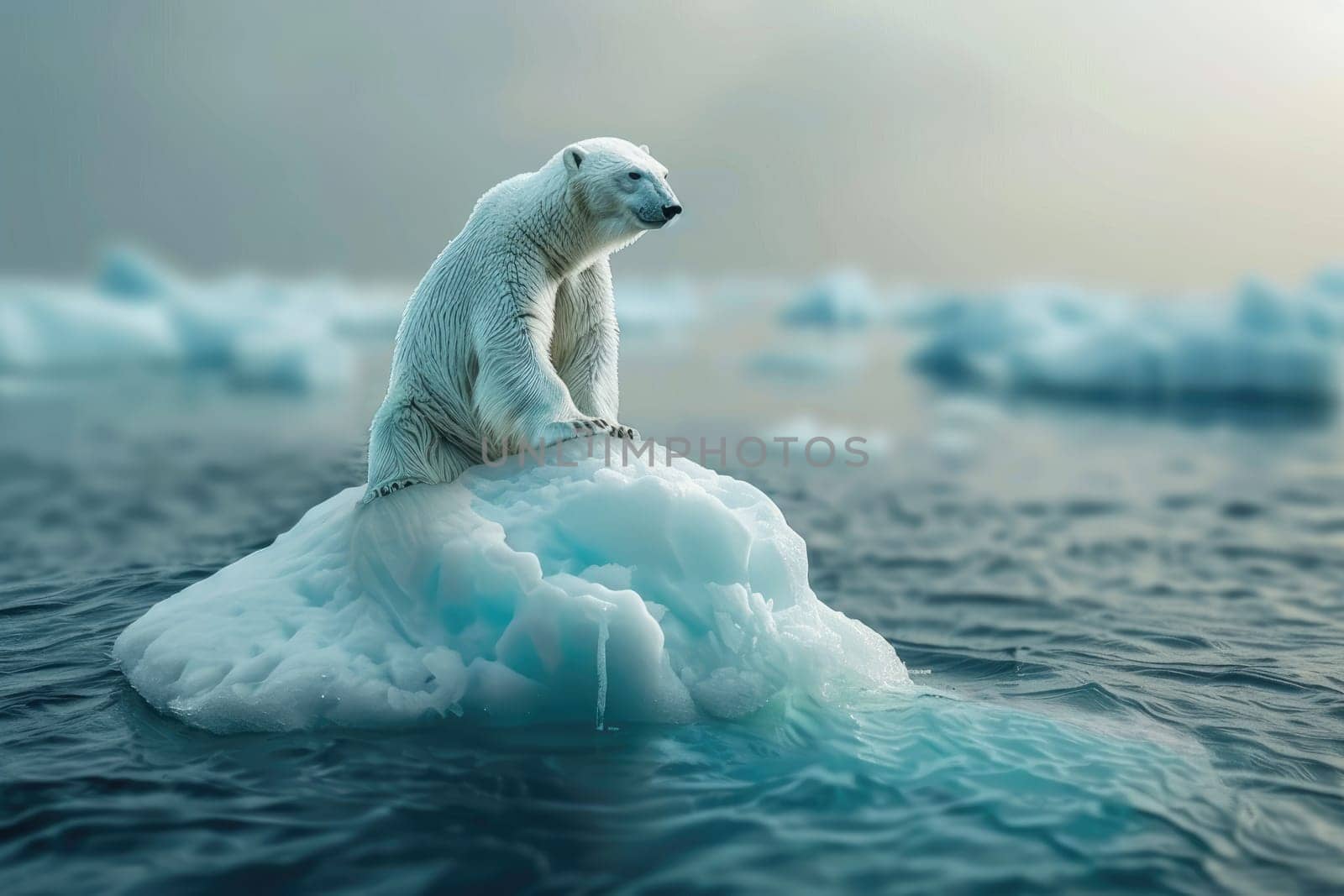 A polar bear is sitting on top of a large block of ice in the ocean, Global warming concept.