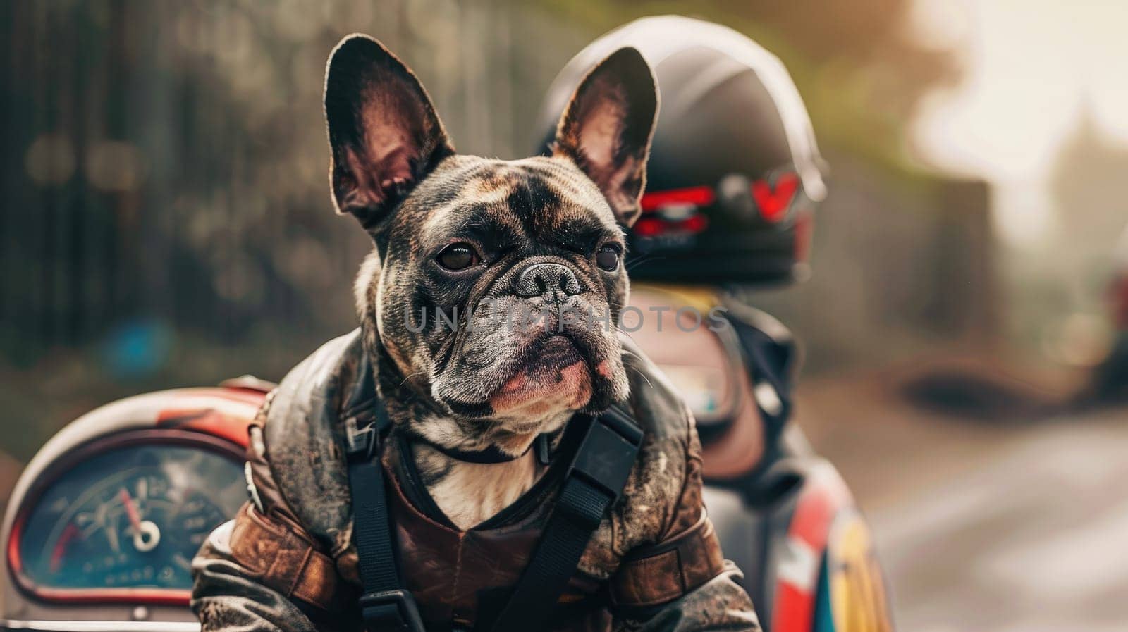 A dog in motor racer suit, Biker dog, Driver dog.