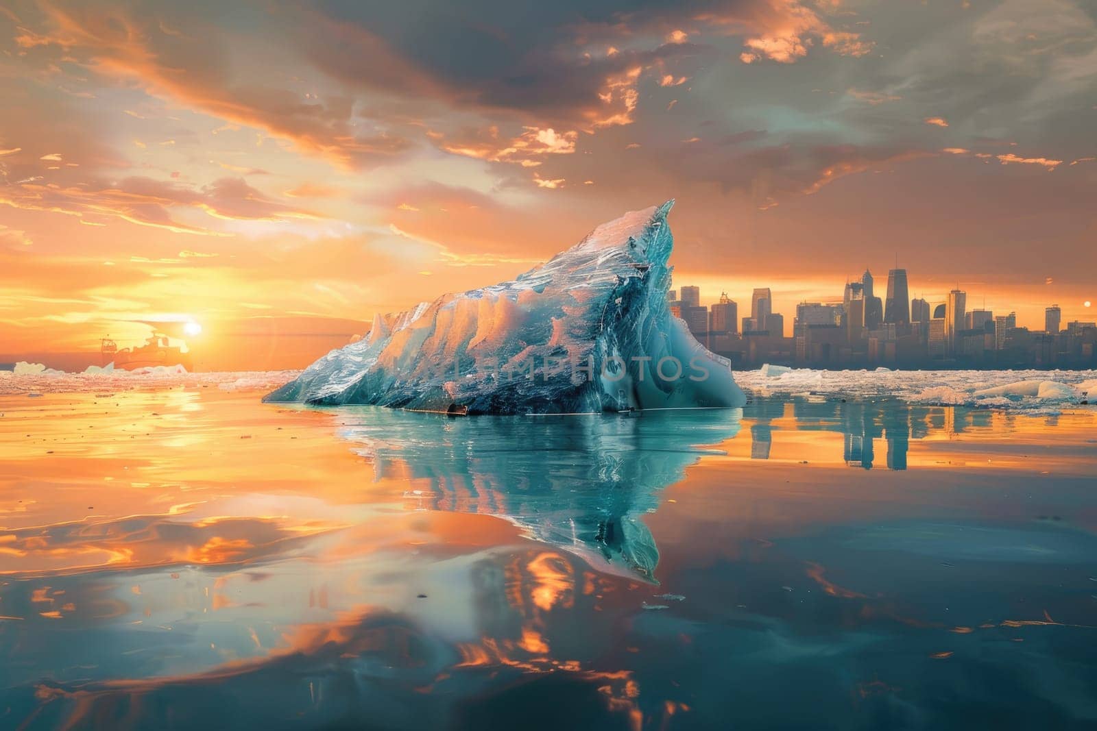 A large ice block floating in the ocean with a city in the background, Global warming concept.