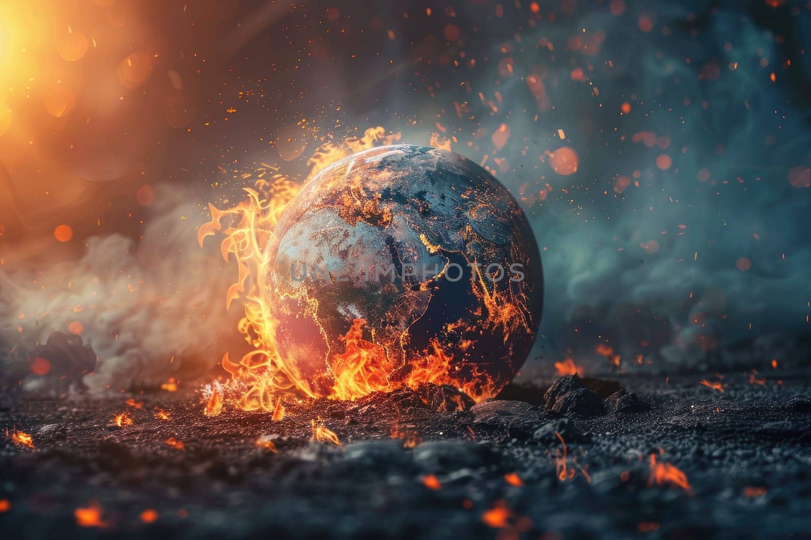 A fire-ravaged planet with a large, glowing ball of fire in the center, Global warming concept.