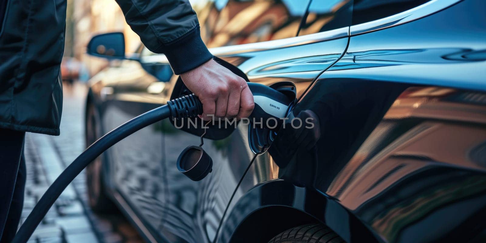 A picture about the electric vehicle that has been charging at the charging station and has been connected with the charger that has been connecting to the electric vehicle to become new tech. AIGX01.