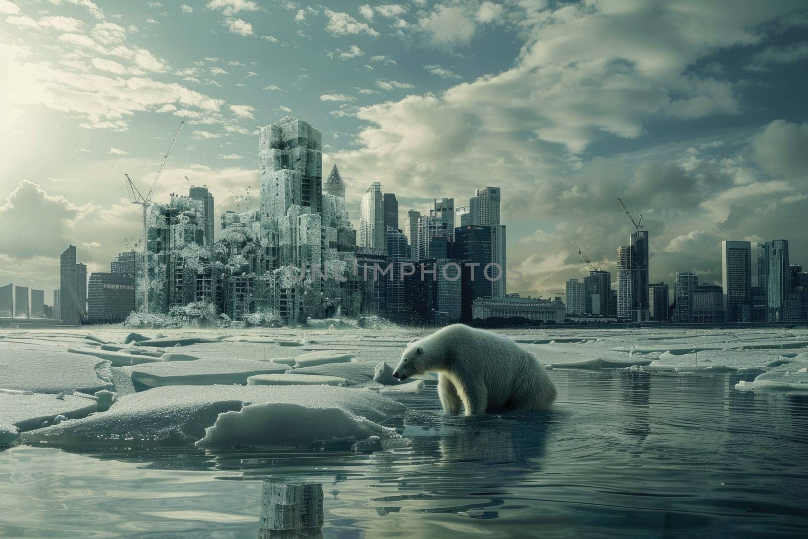 A polar bear is seen in a city with a large building in the background, Global warming concept by nijieimu