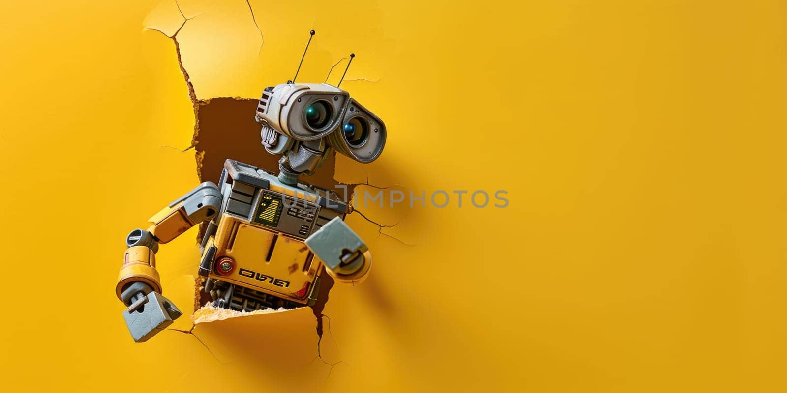 Close up view picture of the hollow yellow hole on the the wall that show the robot stay inside the wall that has been made from some material yet still can break to look through other side. AIGX03.