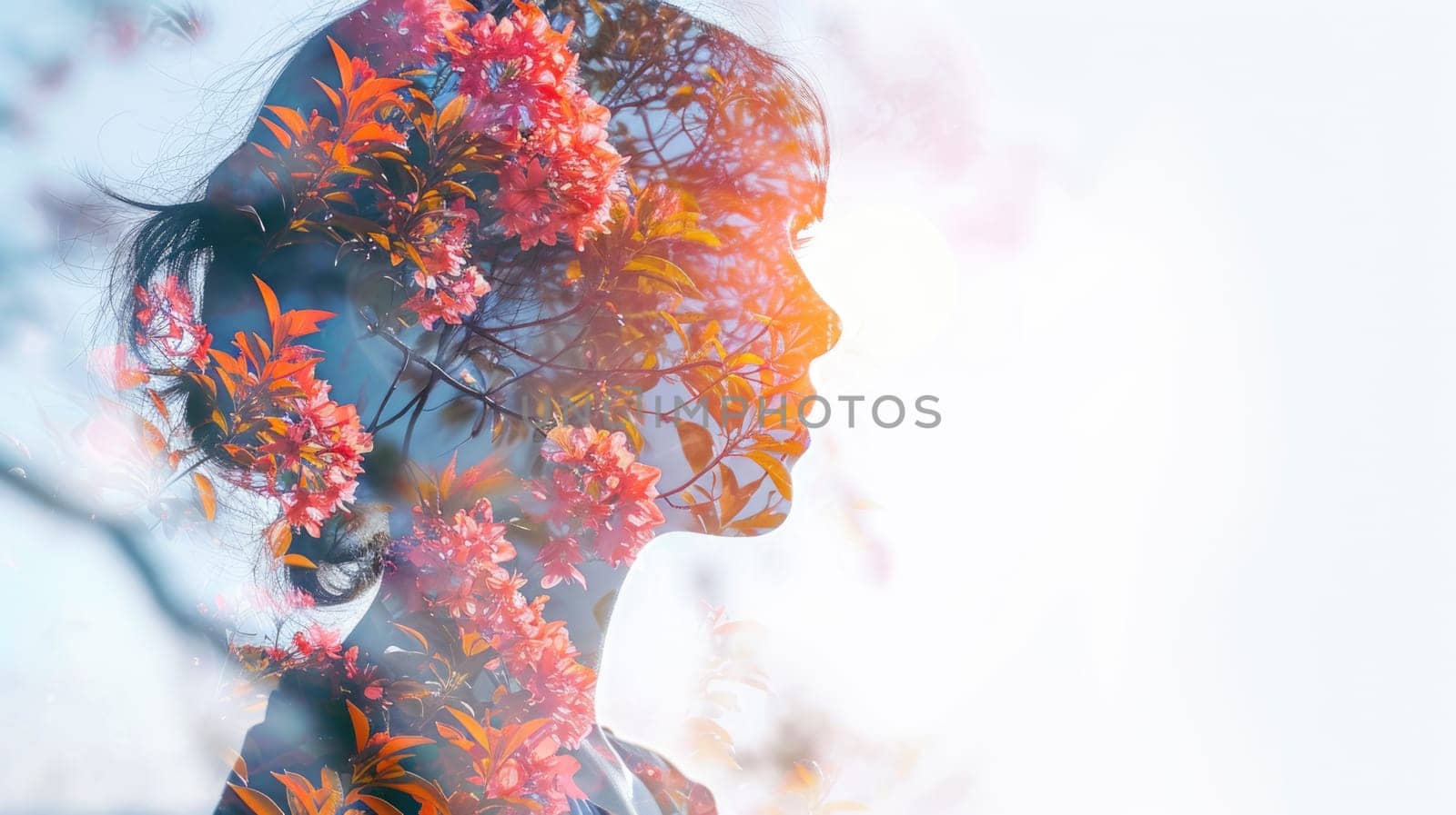 The closeup double exposure picture between young adult beautiful female caucasian human and bright beautiful nature in the morning or evening that the picture stand for peaceful of the life. AIGX01.