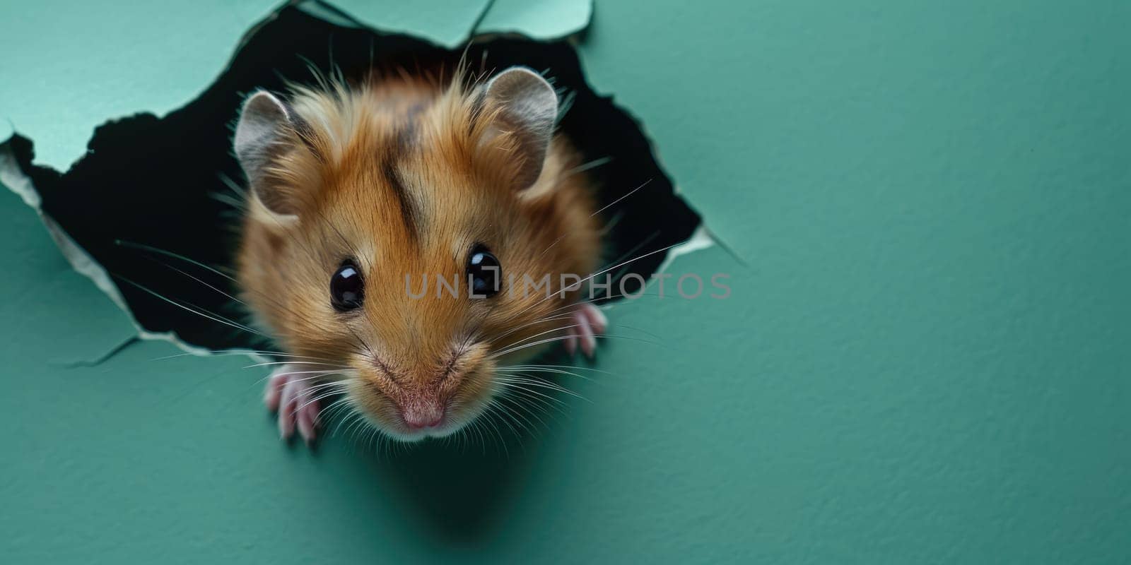 Close up view picture of the hollow green hole on the the wall that show the hamster stay inside the wall that has been made from some material yet still can break to look through other side. AIGX03.