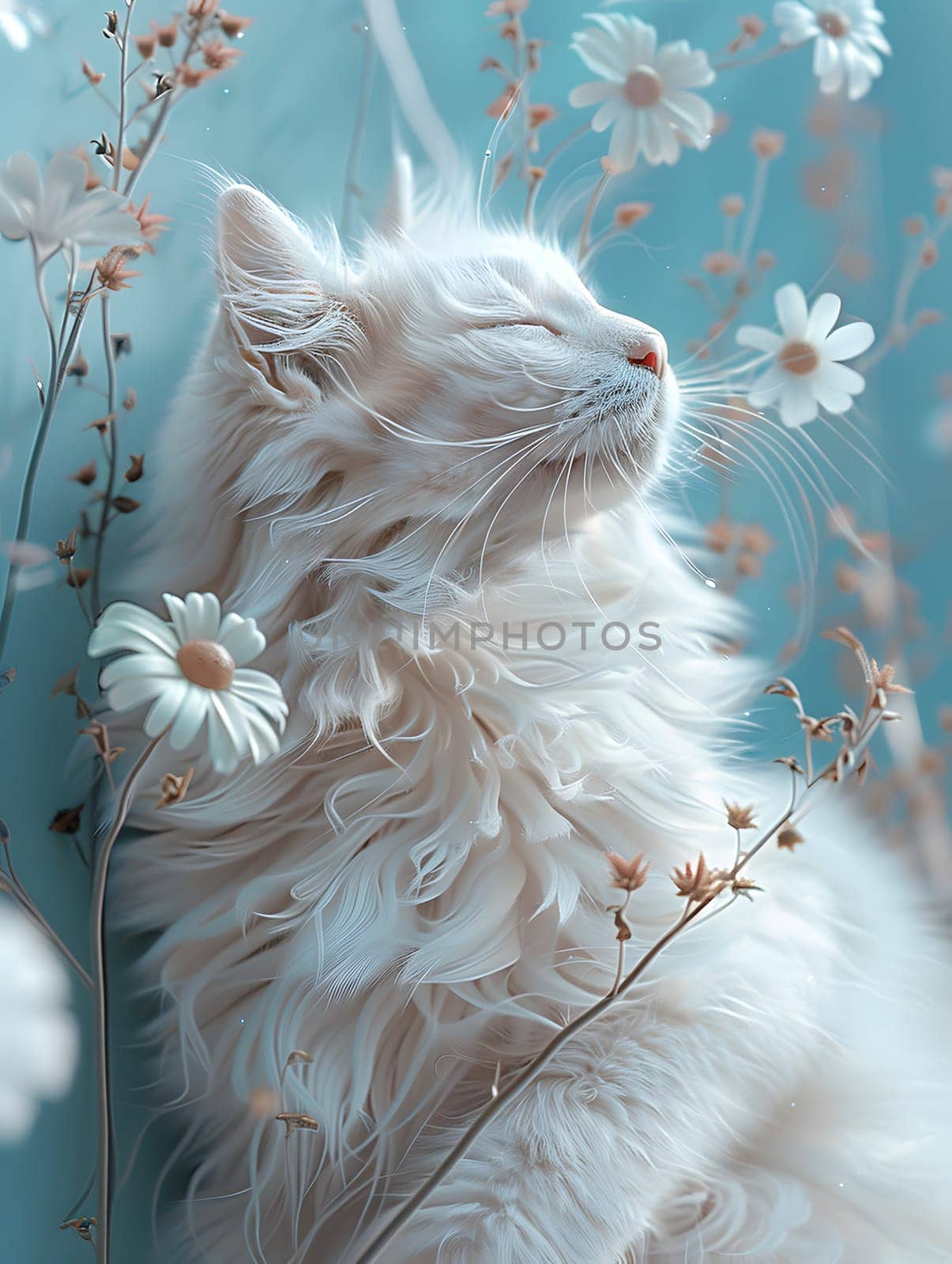 A Felidae carnivore, the small to mediumsized cat with whiskers and a snout, sits by a window among fawn flowers and twigs on an electric blue background