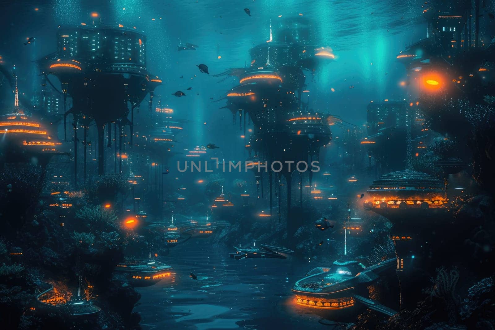 An underwater city with bioluminescent coral, schools of colorful fish, and ancient ruins, all illuminated by the eerie glow of an underwater volcano. Resplendent.