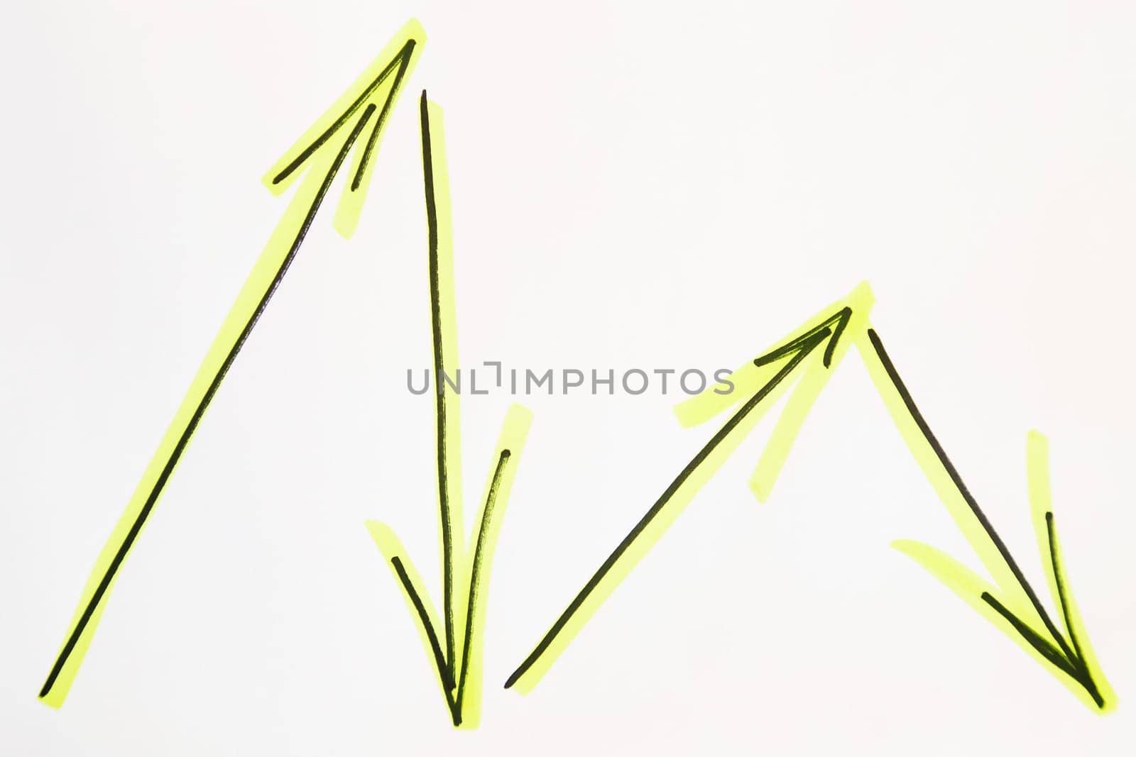 Vibrant neon green broken curve arrow drawn by hand on white background. The concept of movement, growth, decline, change, decline and achievements in business by keleny