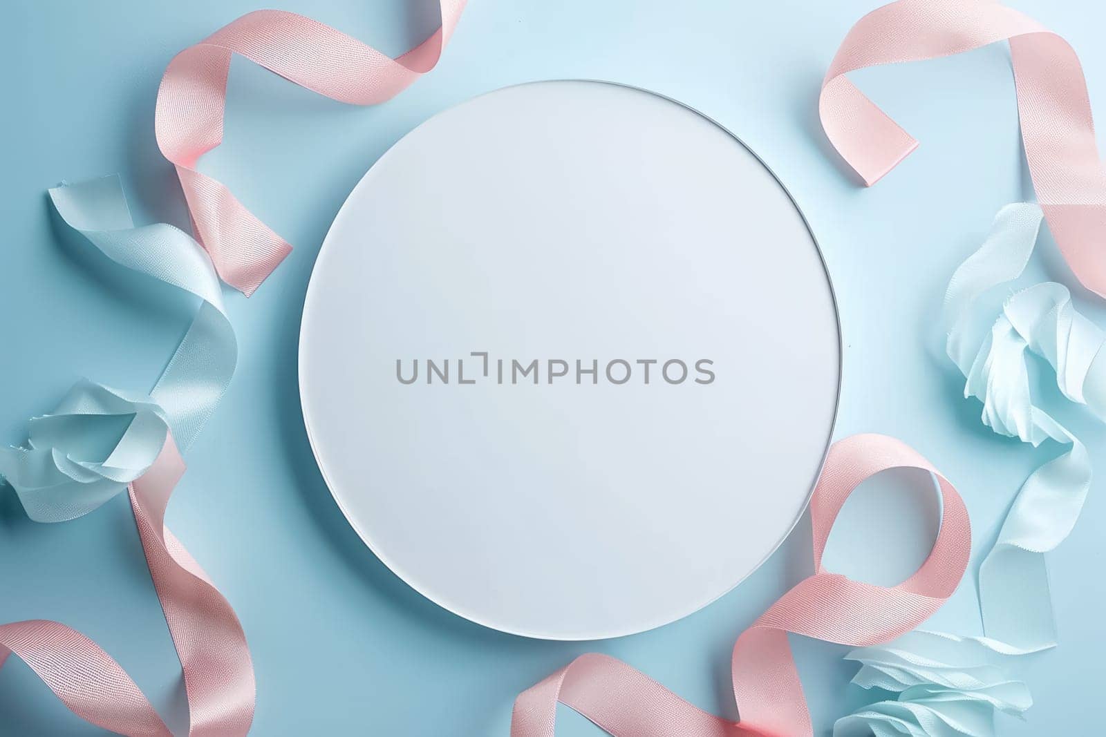 A front view of the isolated plate that has been placed on blue background that decorated with the pastel ribbon that can be compile to the things like the celebration, festival or ceremony. AIGX03.