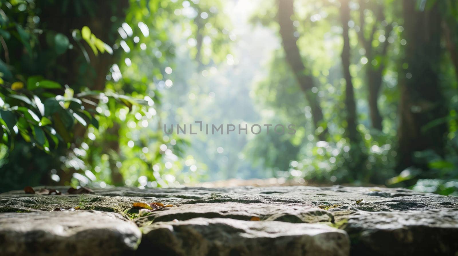 The focused picture of the stone object that surrounded by an uncountable amount of tree in the middle of the forest under the bright light from the bright sun in the daytime of the summer. AIGX03.