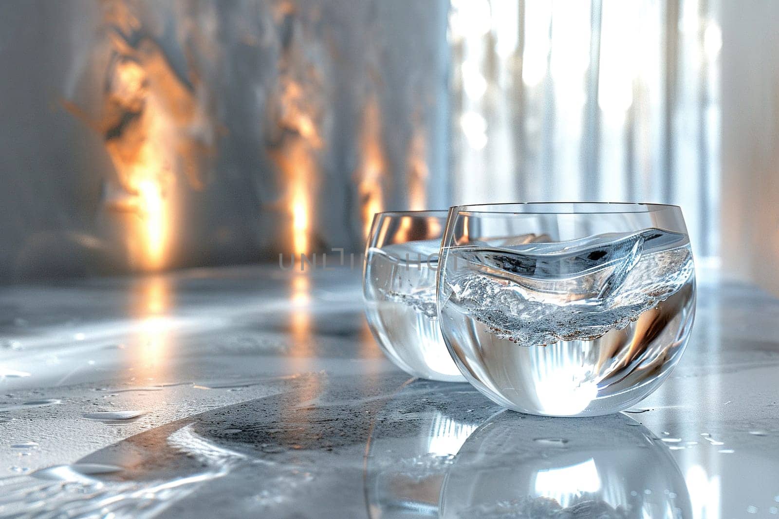 Interior image of a glass vessel with liquid on a white table. Glass in the interior. Generated by artificial intelligence by Vovmar