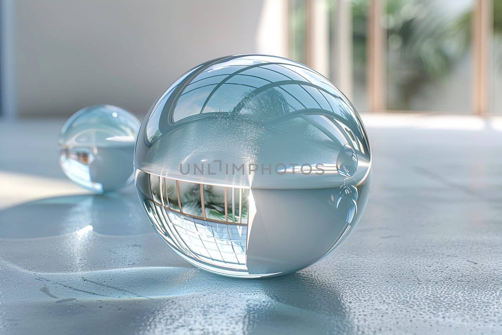 Glass ball with window reflection on white floor. Glass elements in interior design.