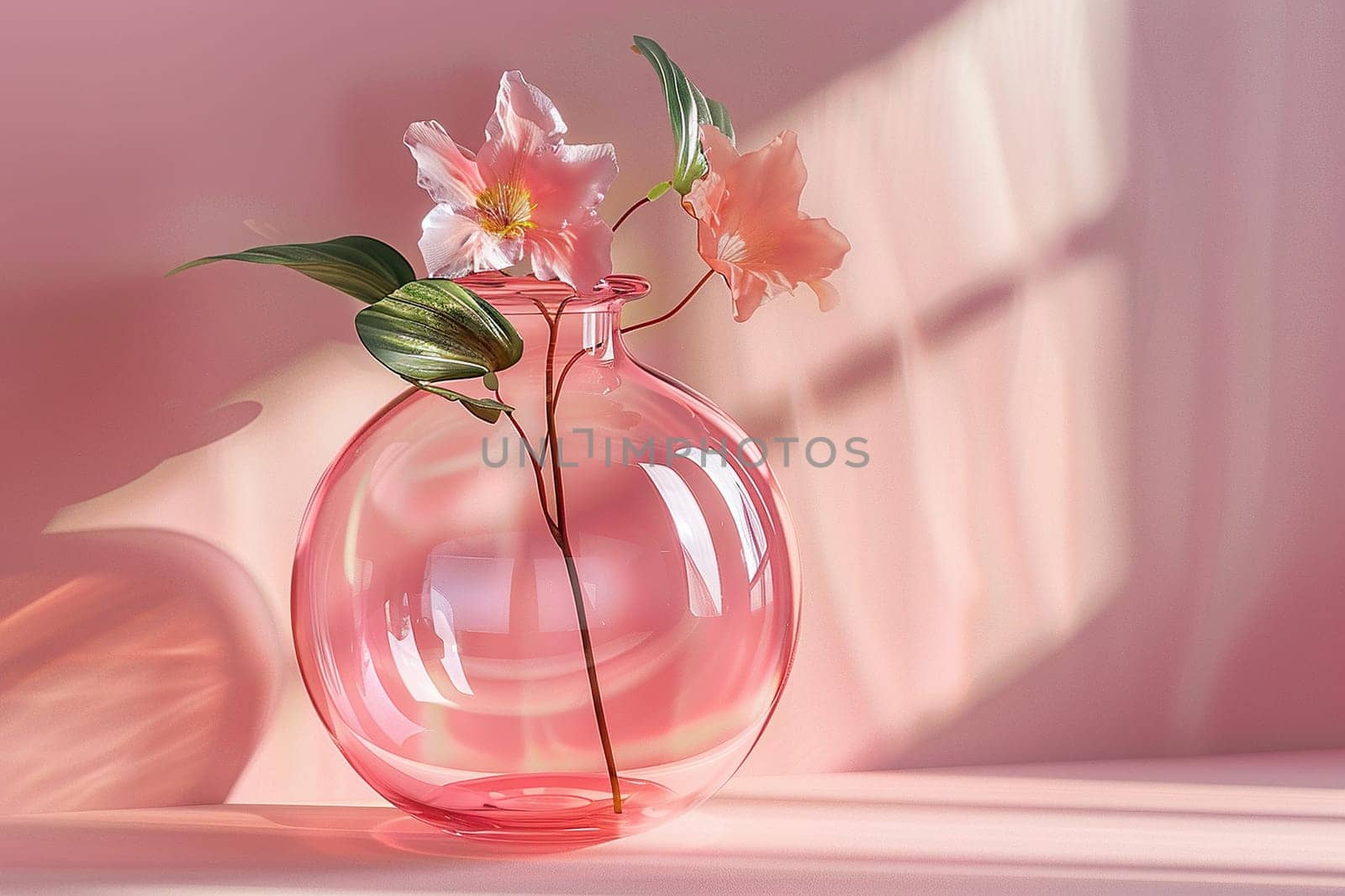 A glass vase with a branch of flowers near a peach-colored wall with shadows from the sun. Glass interior design element.
