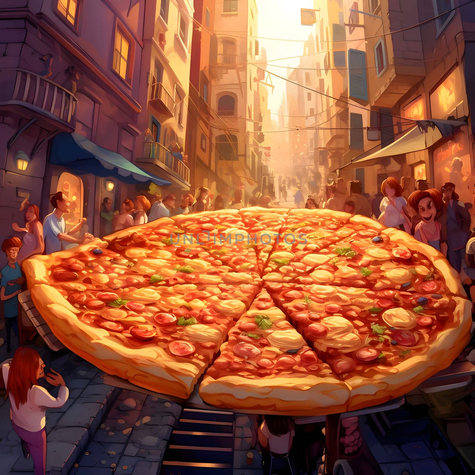 Illustration, people in the city, Round pizza with cheese and ham.Idyllic view.