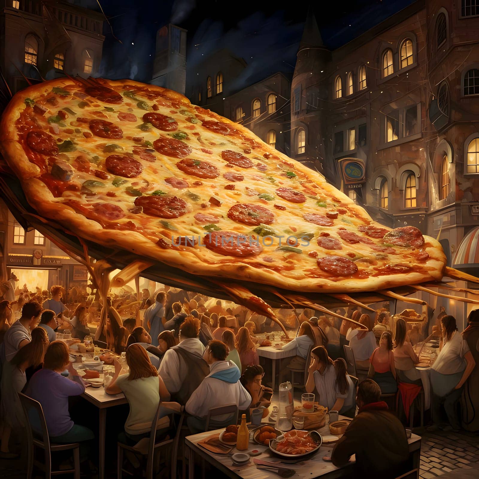 Illustration, people in the city, Round pizza with cheese and ham.Idyllic view.