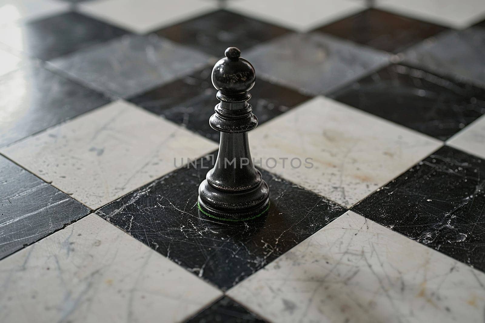 Image of a black pawn on a chessboard. The concept of a leading or trailing person in a game or real life. Generated by artificial intelligence by Vovmar