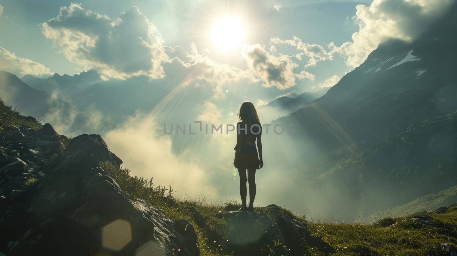 The picture of the young or adult female human doing the standing pose for relaxation or meditating the mind in the middle of the nature under bright sun in the daytime of a dawn or dusk day. AIGX03.