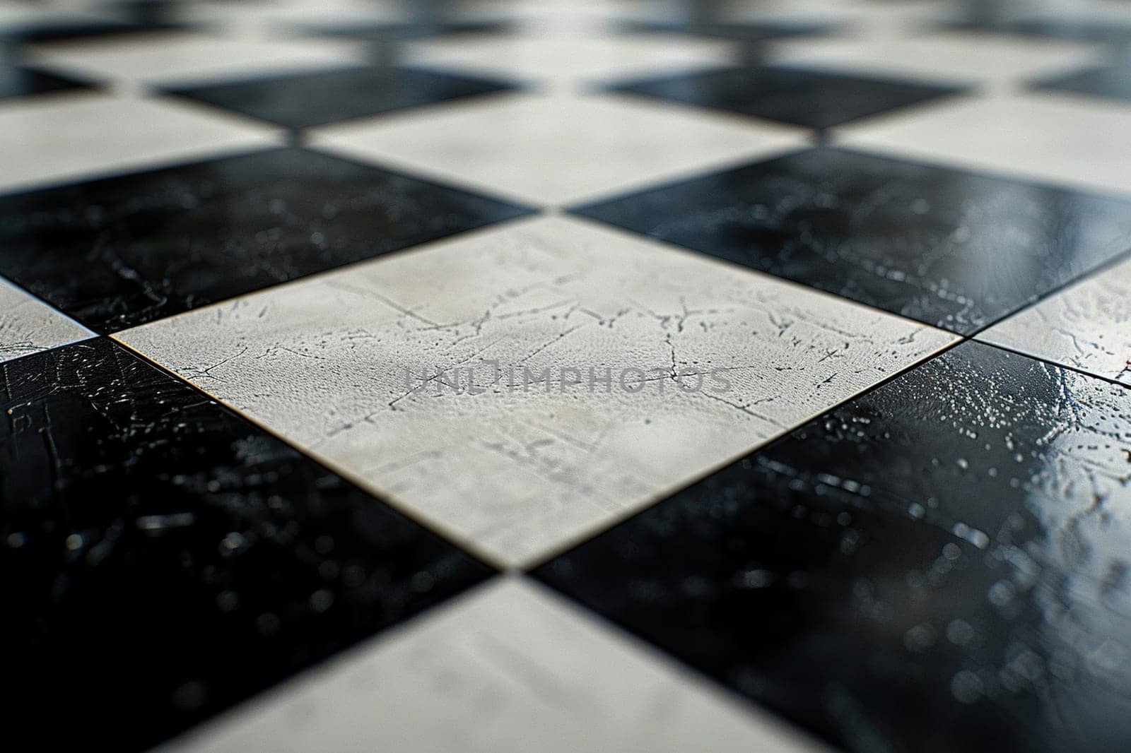 Close-up of a pattern of a worn chessboard. Generated by artificial intelligence by Vovmar