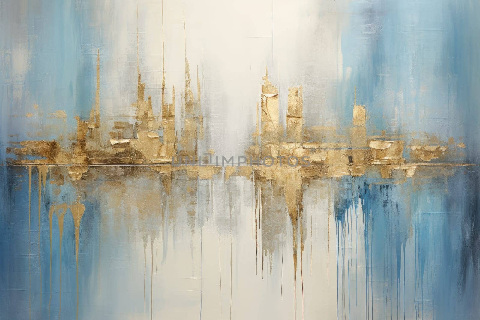The abstract picture of the gold, blue and black colour that has been painted or splashed on the white blank background wallpaper to form random shape that cannot be describe yet beautiful. AIGX01.