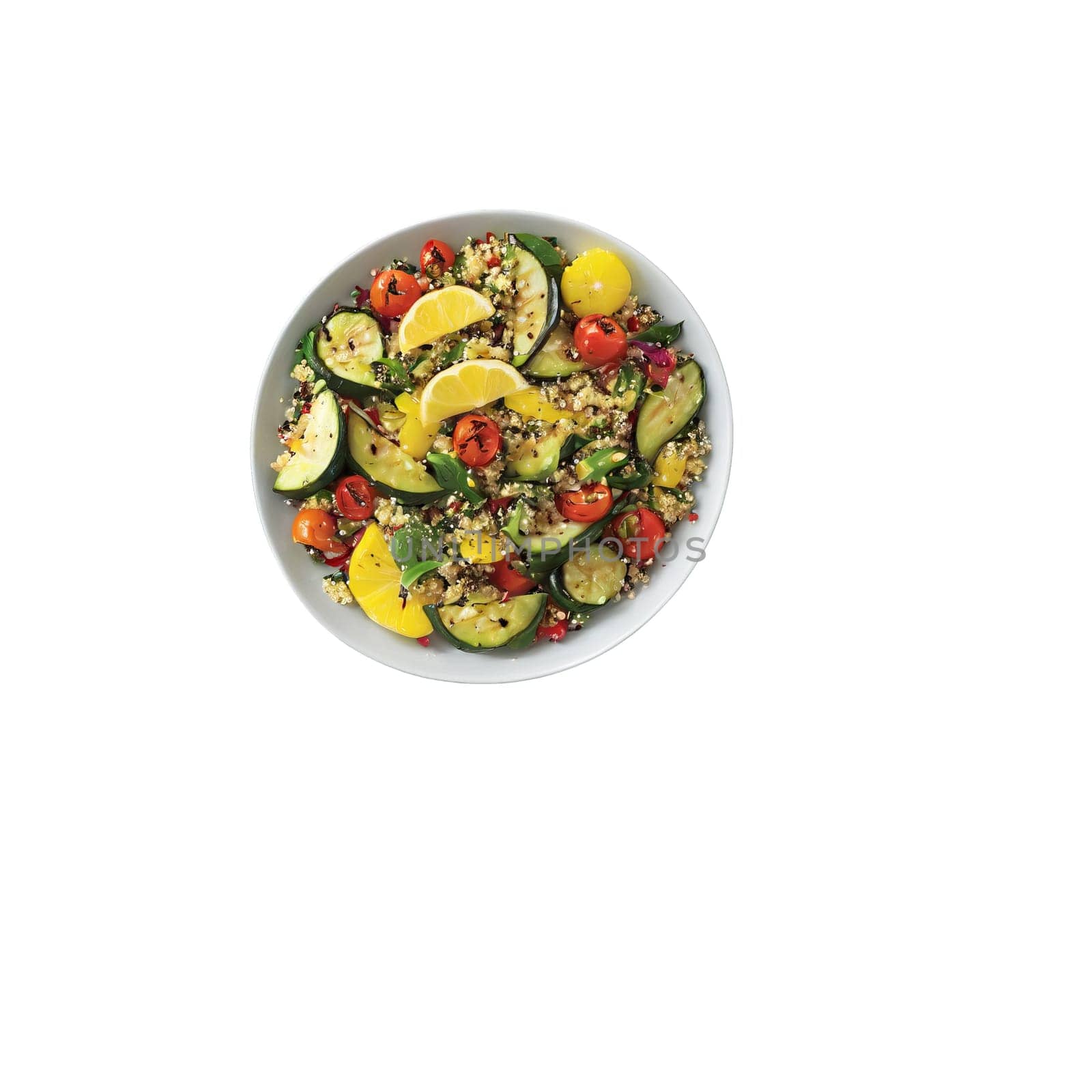 Grilled vegetable and quinoa salad with a lemon vinaigrette Summer food concept Final image should by panophotograph