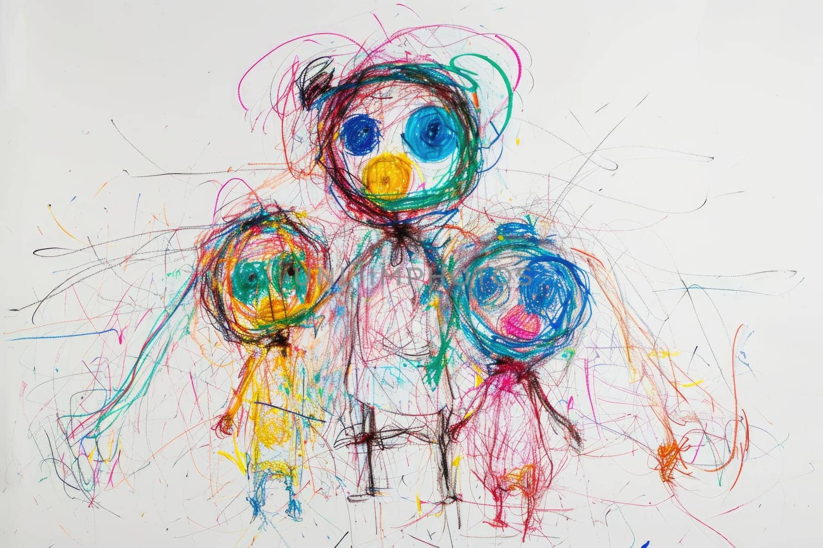 The hand drawing colourful picture of the group of the human family that has been drawn by the colored pencil, crayon or color chalk on the white background that seem to be drawn by the child. AIGX01.