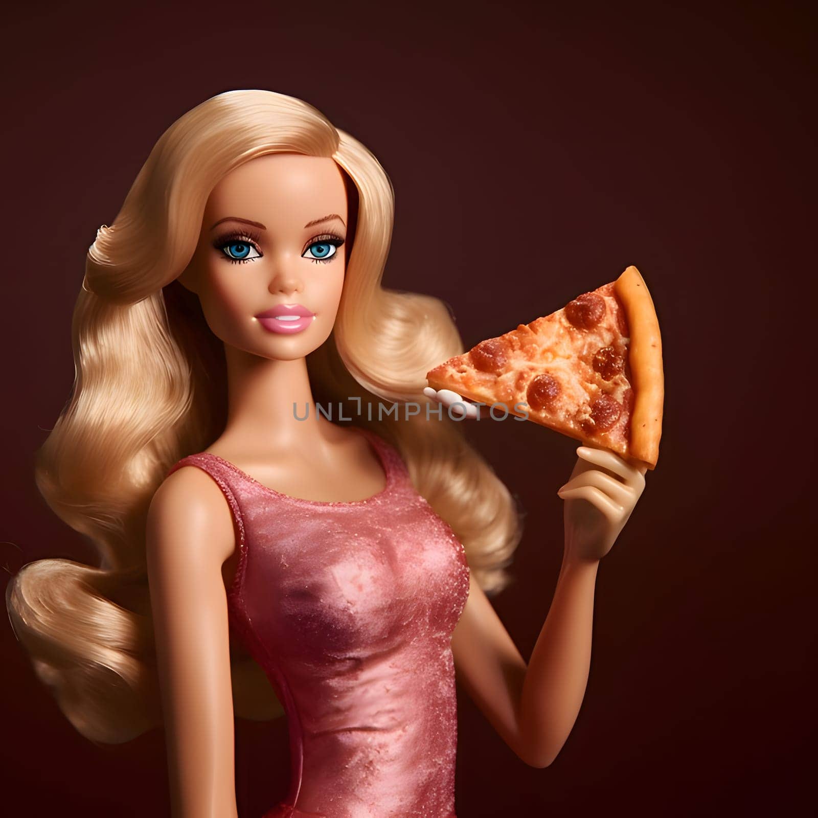 Young with long brown hair Barbie with slice of pizza in her hand, dark background.Elegant girl.