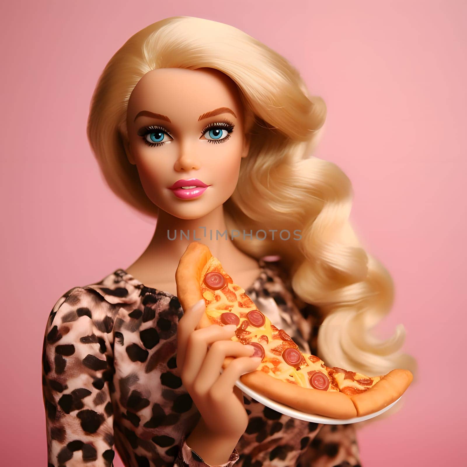 Young with long brown hair Barbie with pizza in her hand, pink background. by ThemesS