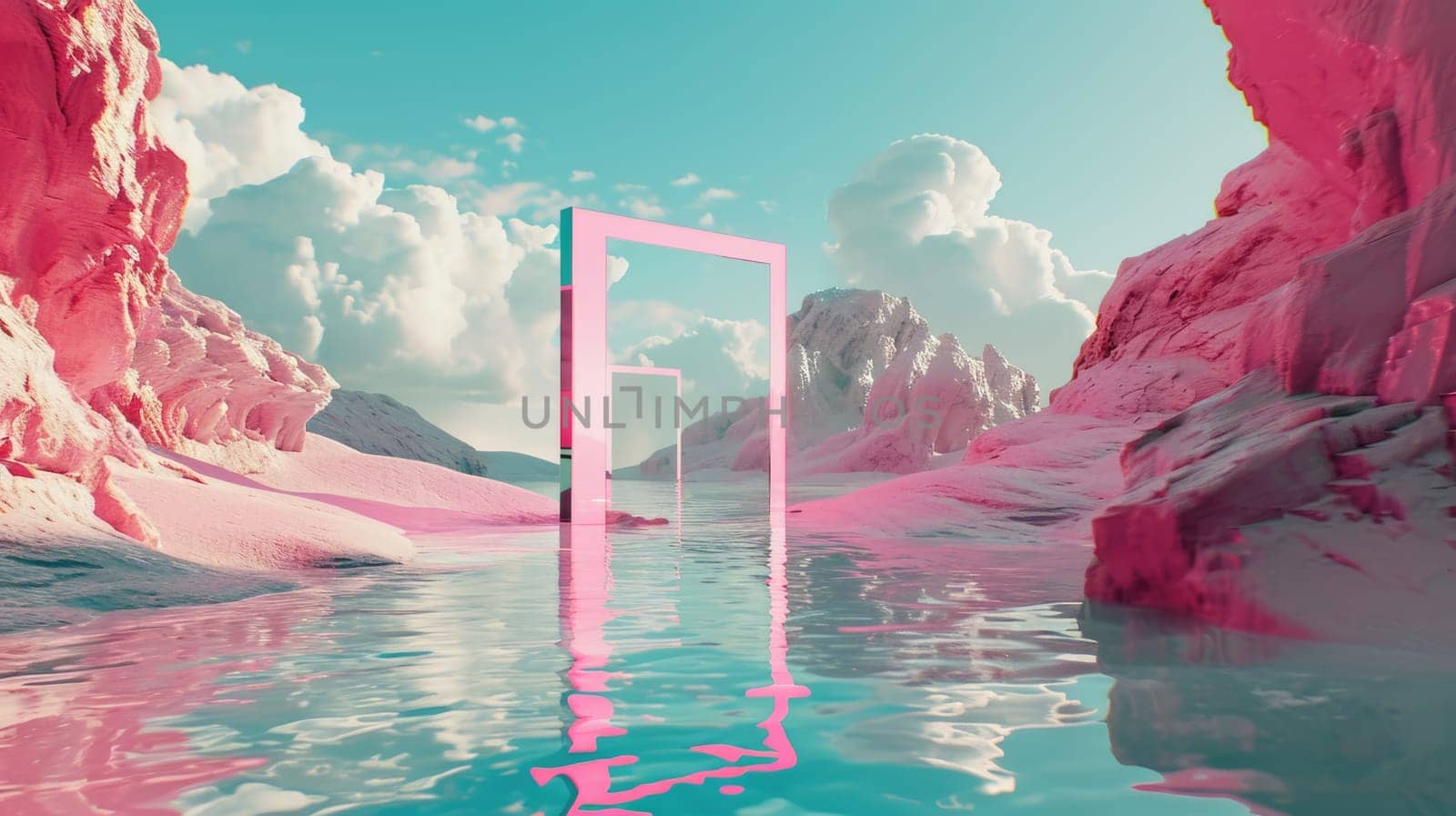 A metallic pink square portal in the middle of the clear river that connected to the ocean that surrounded with a pile of the pink sand and pink desert under the cloudy sky in the sunny day. AIGX03.