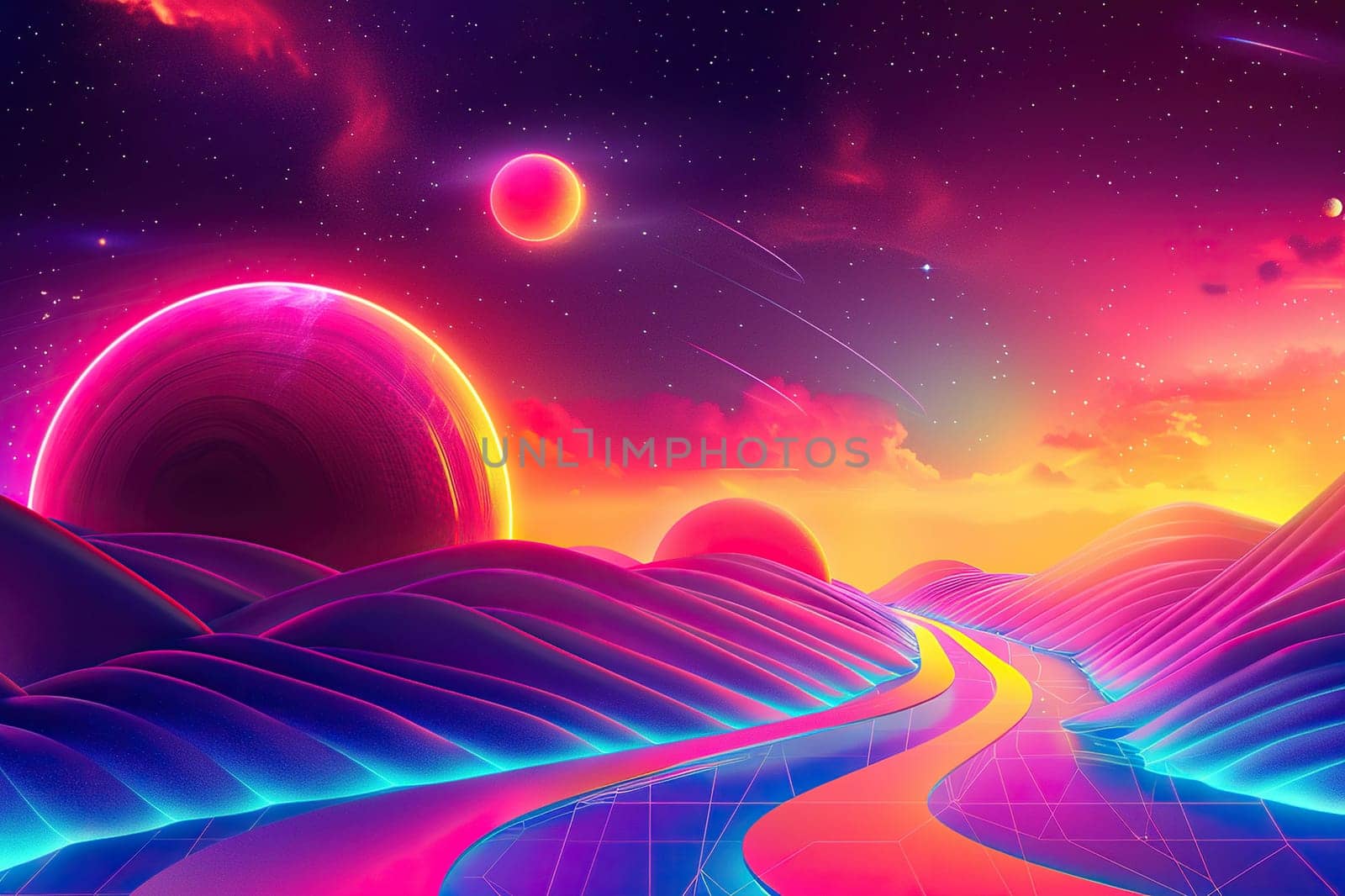 Retro Futuristic landscape from another planet with neon sunset, grid, mountains in 80s style. Generated by artificial intelligence by Vovmar