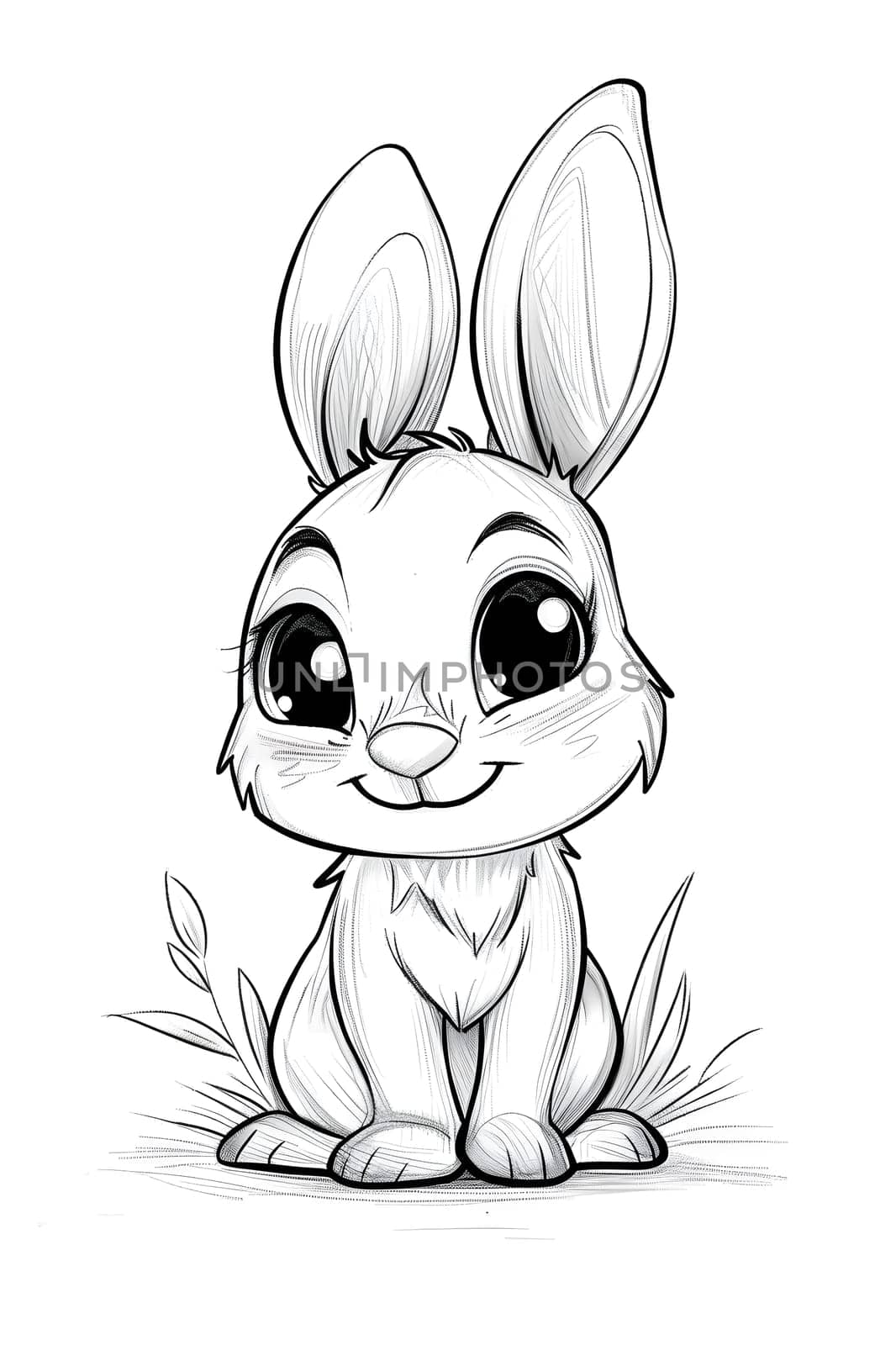 A monochromatic cartoon illustration of a baby rabbit with fur, nose, eyes, ears, and cute paws sitting in the grass, showcasing its adorable features as a small organism