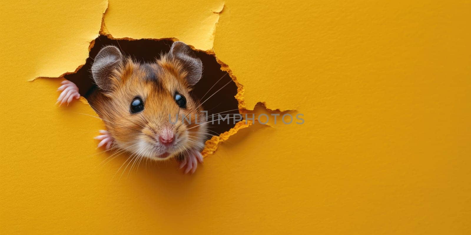 Close up view picture of the hollow yellow hole on the the wall that show the hamster stay inside the wall that has been made from some material yet still can break to look through other side. AIGX03.
