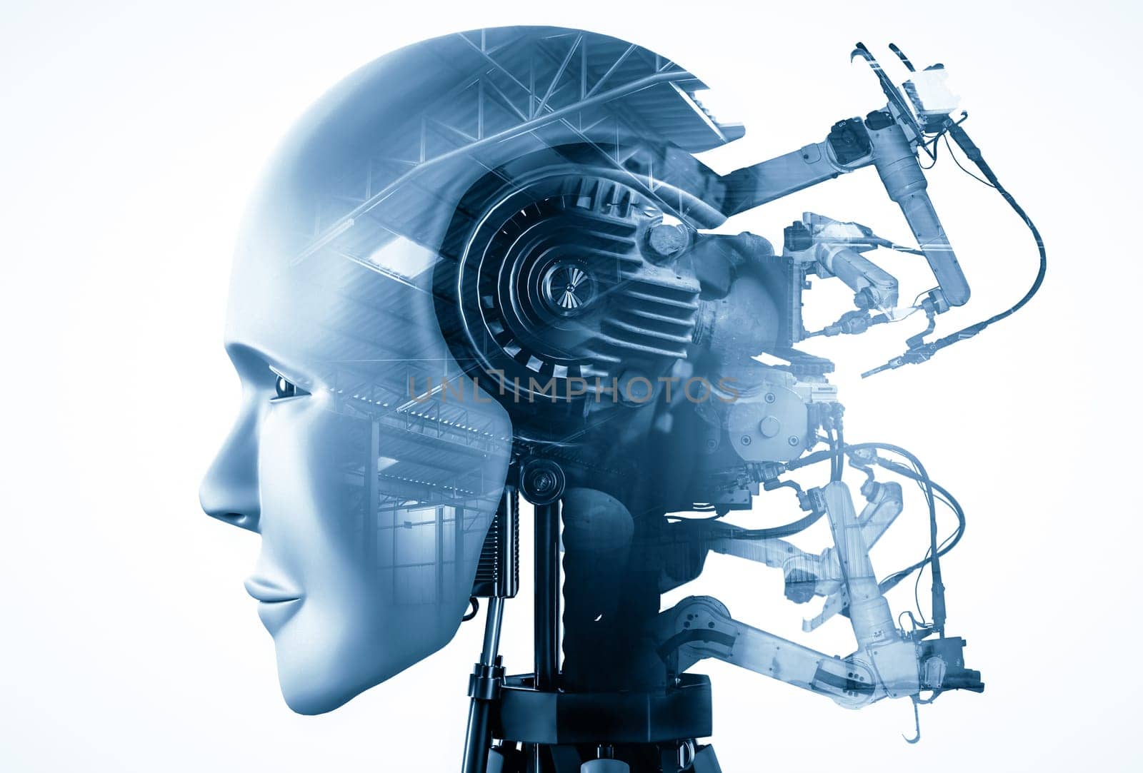 MLP Mechanized industry robot and robotic arms double exposure image. Concept of artificial intelligence for industrial revolution and automation manufacturing process in future factory.