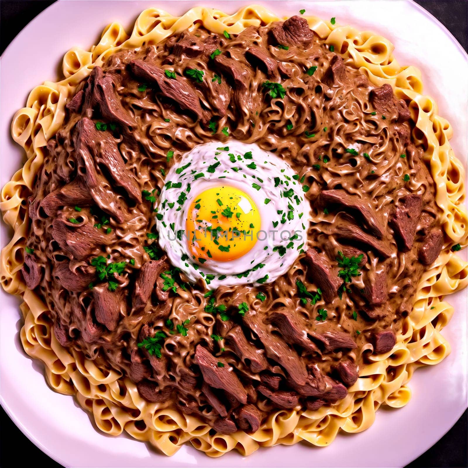 Beef stroganoff mandala a creamy arrangement of beef stroganoff with egg noodles and sour cream by panophotograph