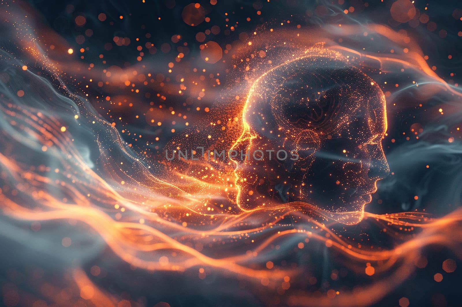 Digital information flow and artificial intelligence. Abstract image of artificial intelligence in the form of a face in a light stream. Generated by artificial intelligence by Vovmar