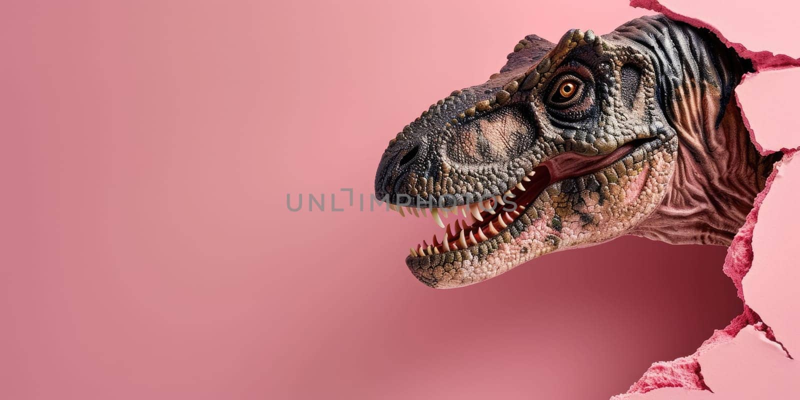 Close up view picture of the hollow pink hole on the the wall that show the t.rex stay inside the wall that has been made from some material yet still can break to look through the other side. AIGX03.