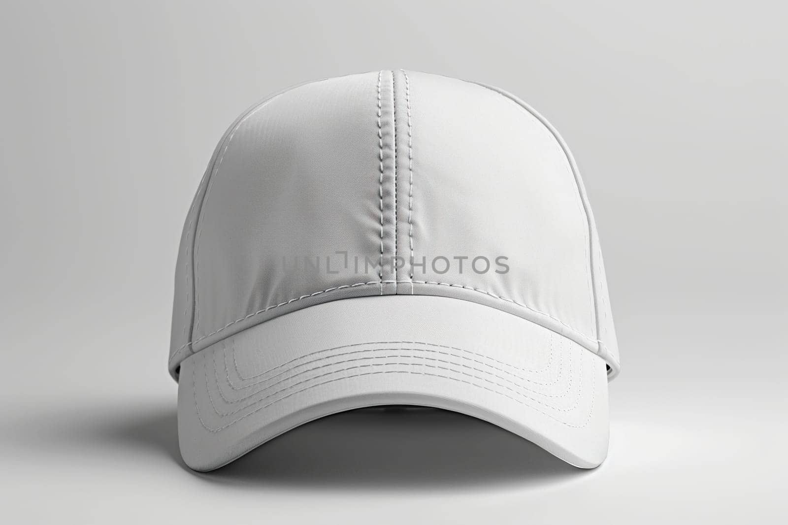 Front view of a white baseball cap without a pattern or inscriptions on a white background. Baseball cap mockup. Generated by artificial intelligence by Vovmar