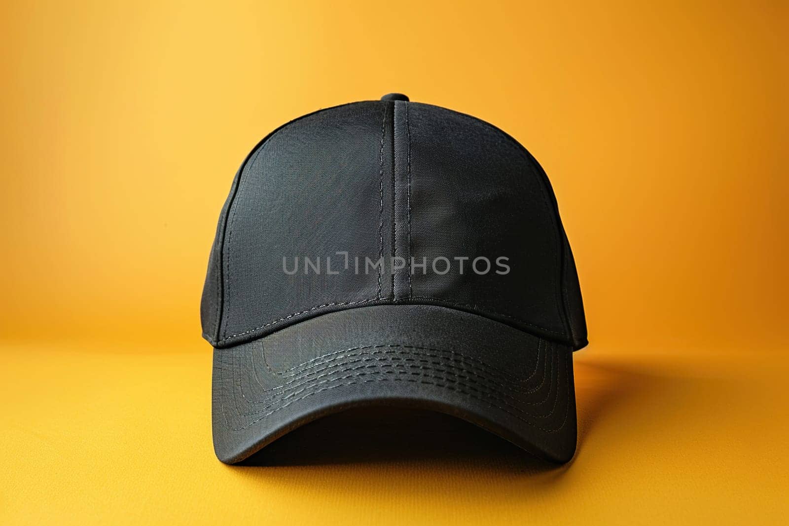 Mockup of a blank black baseball cap for men and women on a yellow background. A uniform. Generated by artificial intelligence by Vovmar