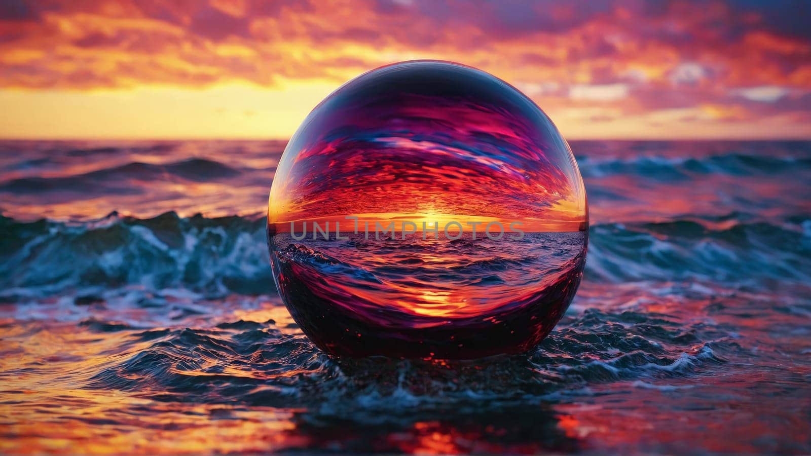 Pinot noir orb reflecting fiery clouds above serene ocean uncluttered composition commercial beverage shot Abstract background by panophotograph