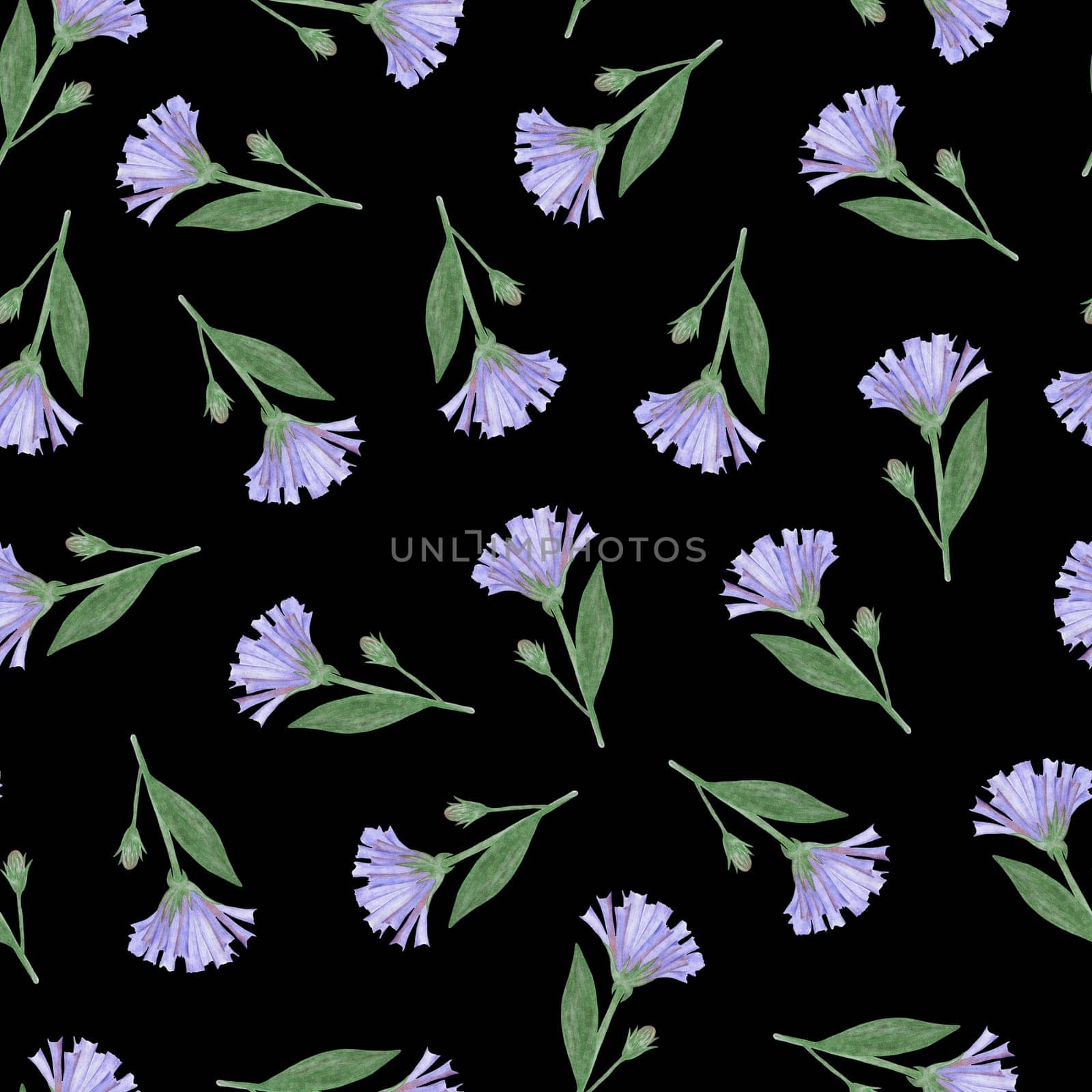 Simple Cornflower Floral Seamless Pattern on a Black Background. by Rina_Dozornaya