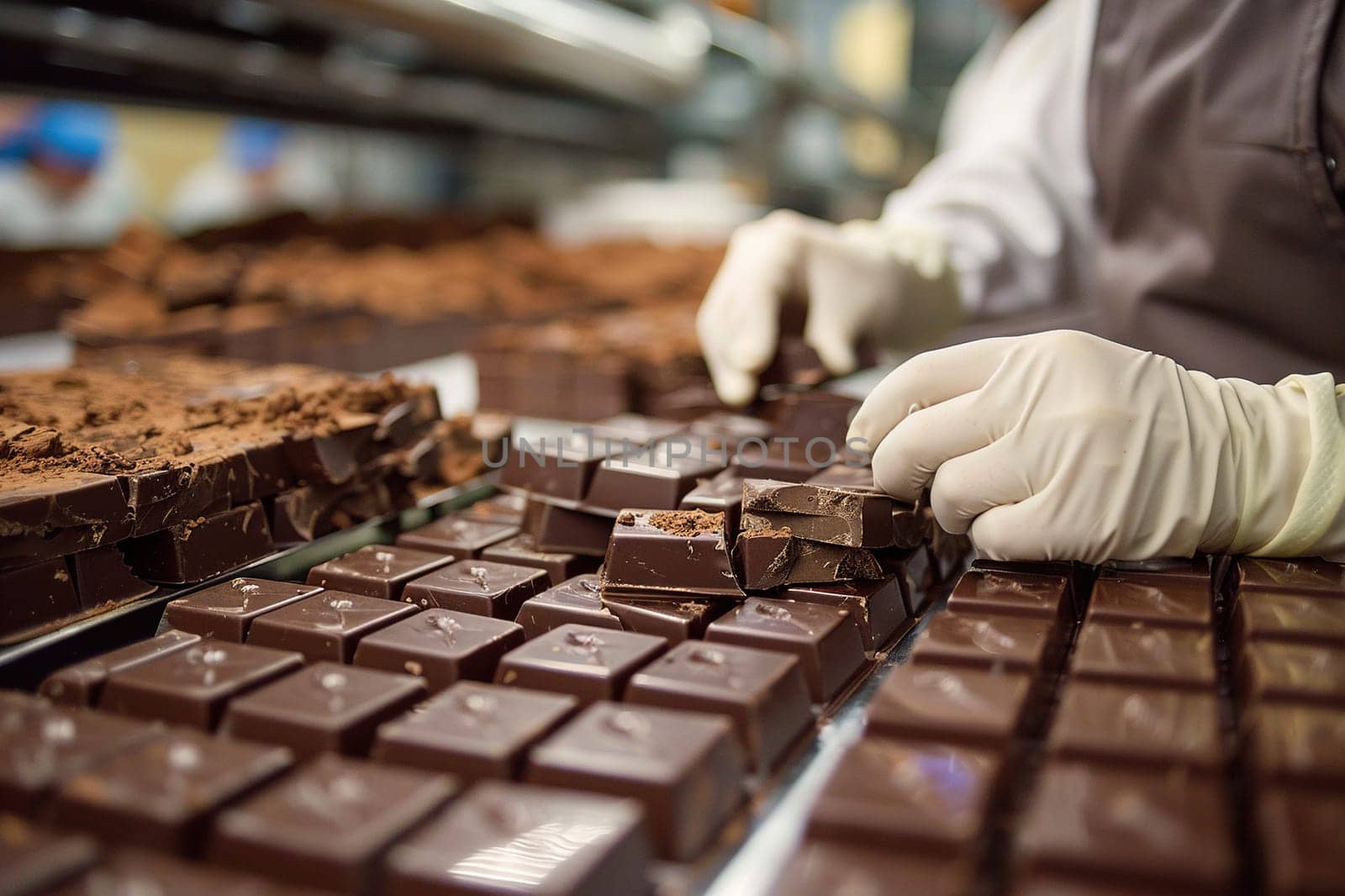 Close-up of chocolate bars in production. Chocolate industry. Generated by artificial intelligence by Vovmar
