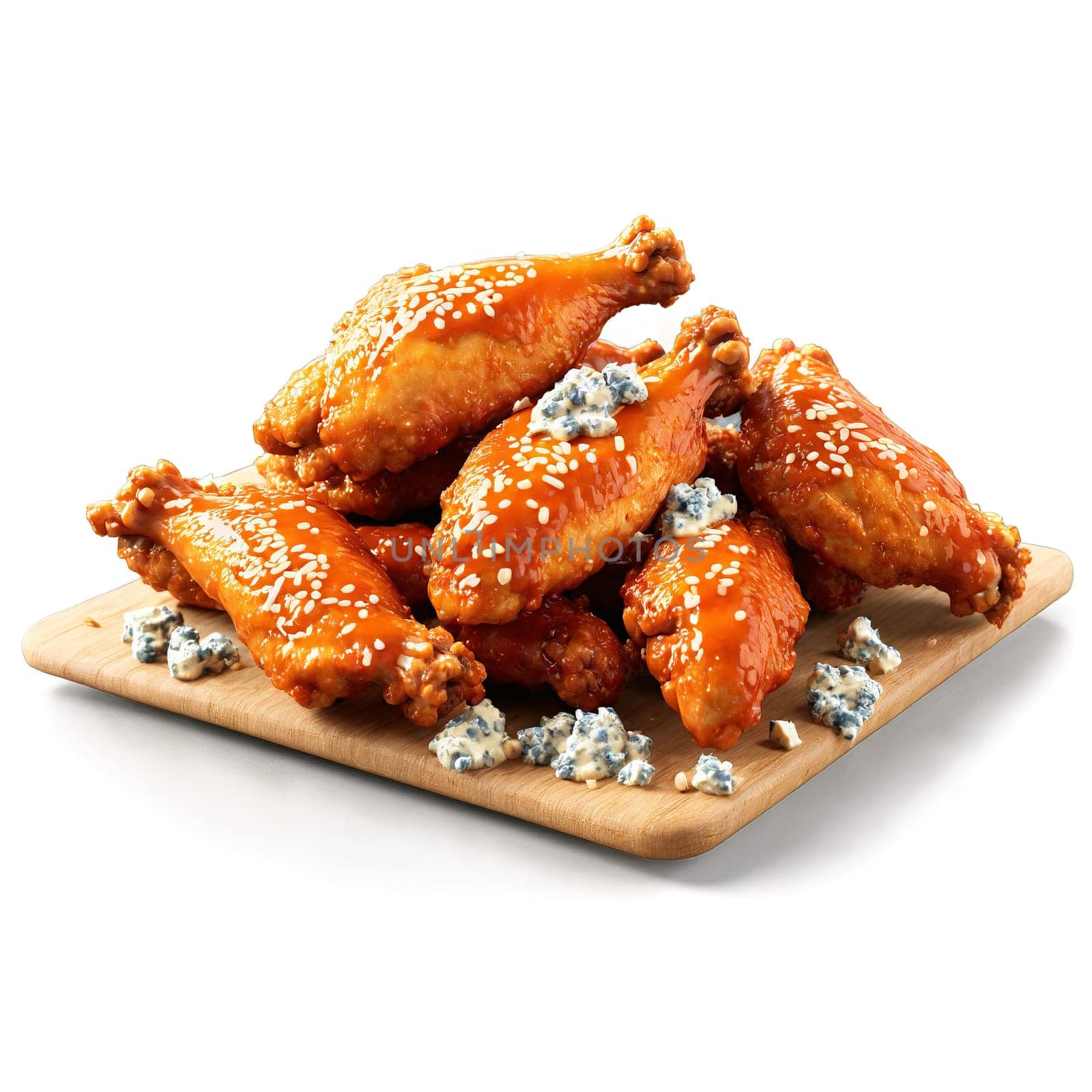 Chicken wings raw and plump with buffalo sauce and blue cheese crumbles tumbling in by panophotograph